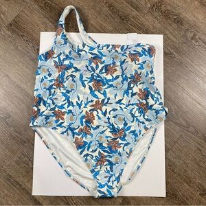Old Navy Swimsuit Women Plus 4X White Blue Brown Floral One Shoulder One Piece